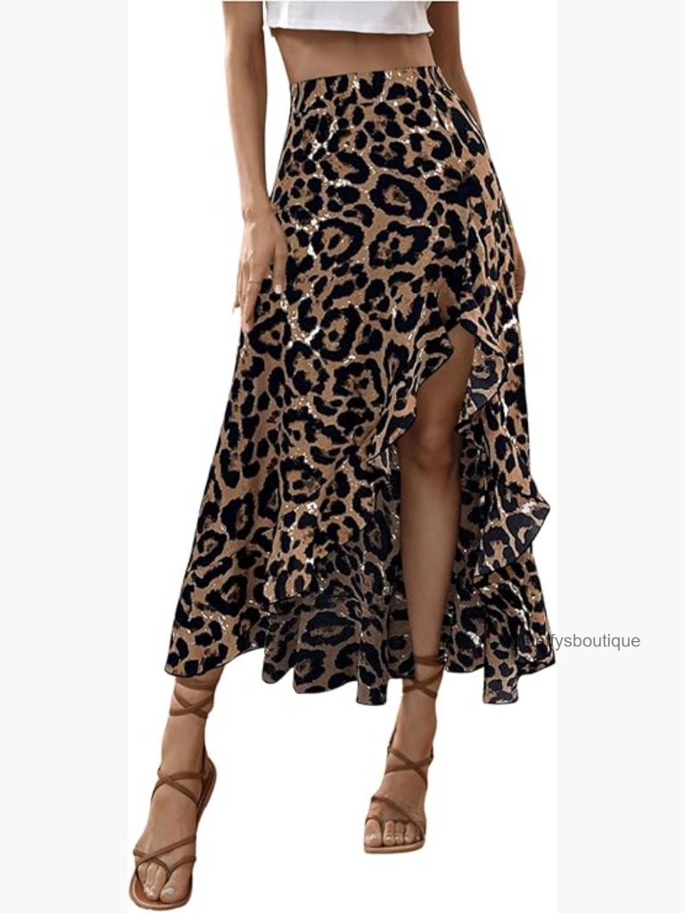 Leopard Print Midi Skirt High Waisted Ruffle Split Slit Flowy Long